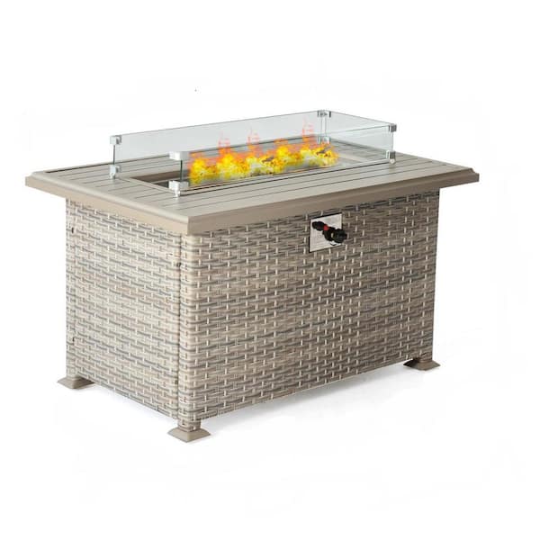 Zeus & Ruta 43.3 in. Beige Brown Rectangle Propane Fire Picnic Tables, Aluminum Tabletop Gas Fire Table with Glass Wind Guard