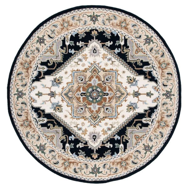 Heritage 6 ft. x 9 ft. Oval Beige/Navy Border Floral Medallion Area Rug