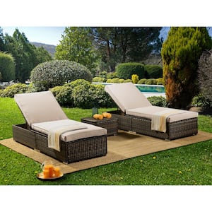 3-Piece Plastic Wicker Rattan Outdoor Chaise Lounge Chair Set with Beige Cushions