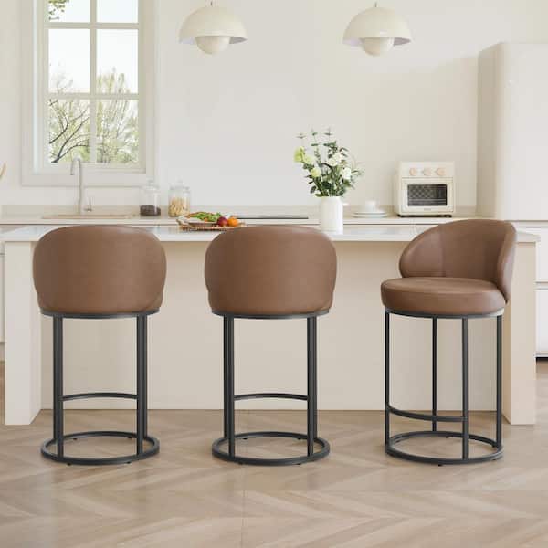 Sage 26.8 in. Saddle Brown Faux Leather Upholstered Swivel Counter Height Bar Stool with Metal Frame(Set of 3)