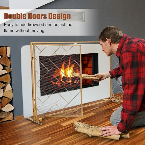 SUNRINX Gold Wrought Iron 2-Panel Fireplace Screen with Doors MG54