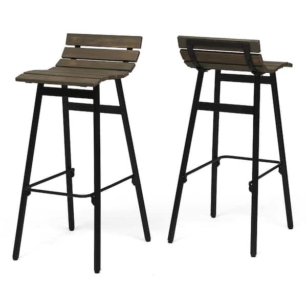 Noble House Pepperwood 35 in. Grey and Black Wooden Outdoor Patio Bar Stools (Set of 2)