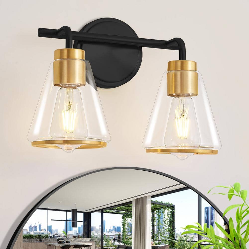 Deyidn Modern 14 in. 2-Light Black and Gold Vanity Light with Glass ...