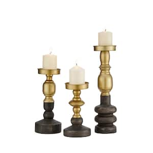 Nara Antique Multi-Colored Brass and Vintage Wood Taper Candlestick and Pillar Candle Holders - Set of 3