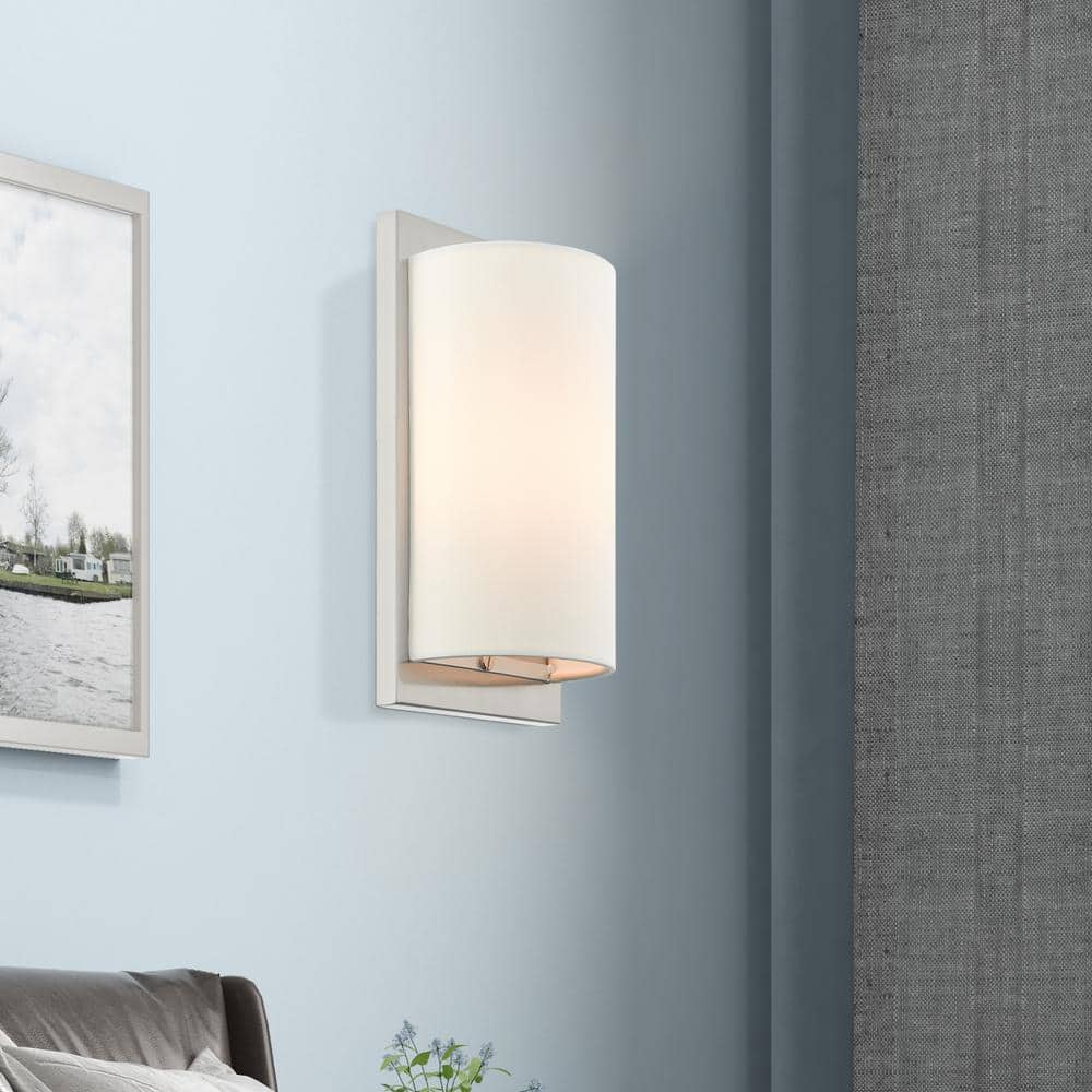 Brushed Nickel Wall Sconce with Off-White Fabric Shade