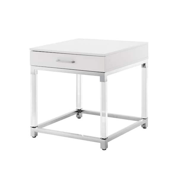 Inspired Home Caspian White/Chrome End Table with High Gloss Finish