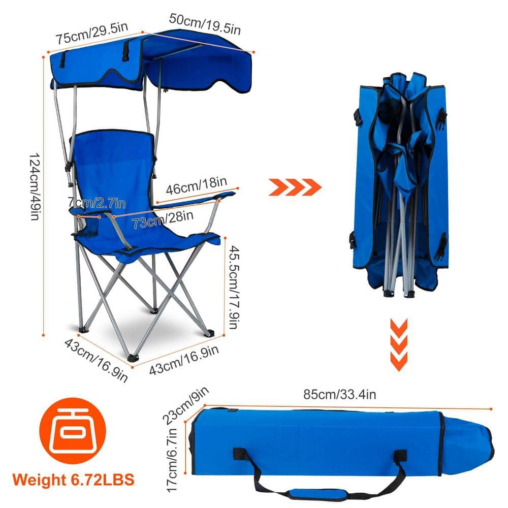 Blue Folding Steel Beach Chair with Adjustable Canopy