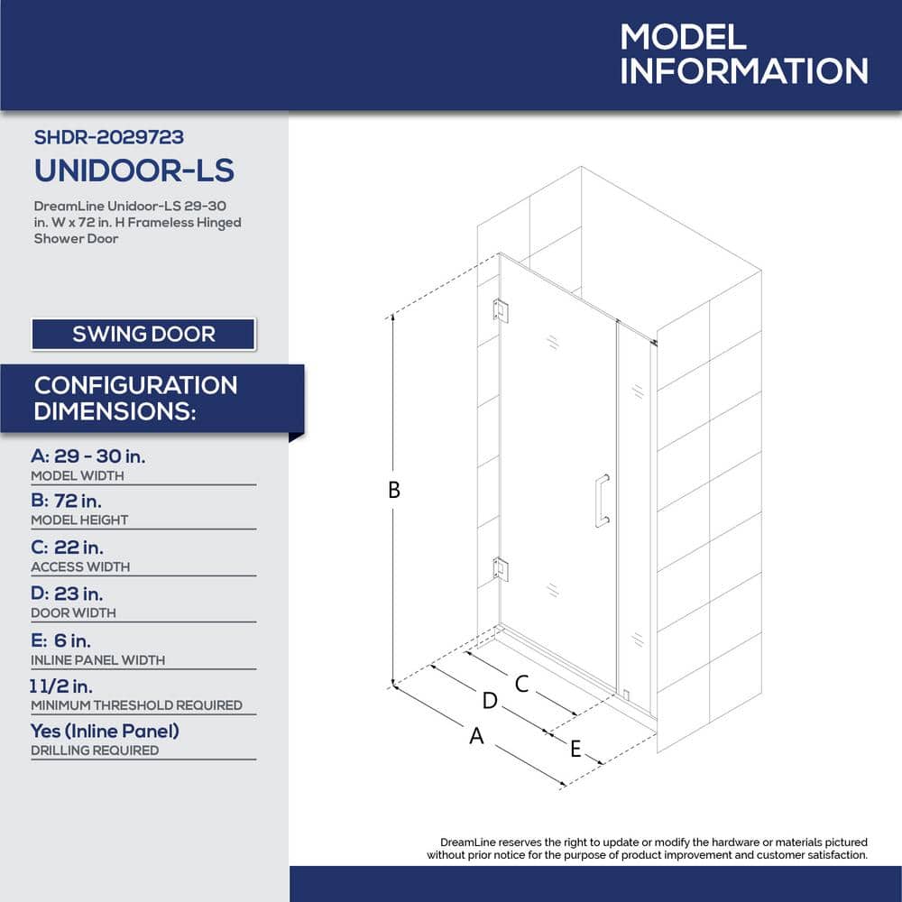 Unidoor-LS 29'' W x 72" H Frameless Hinged Shower Door with ClearMax Technology