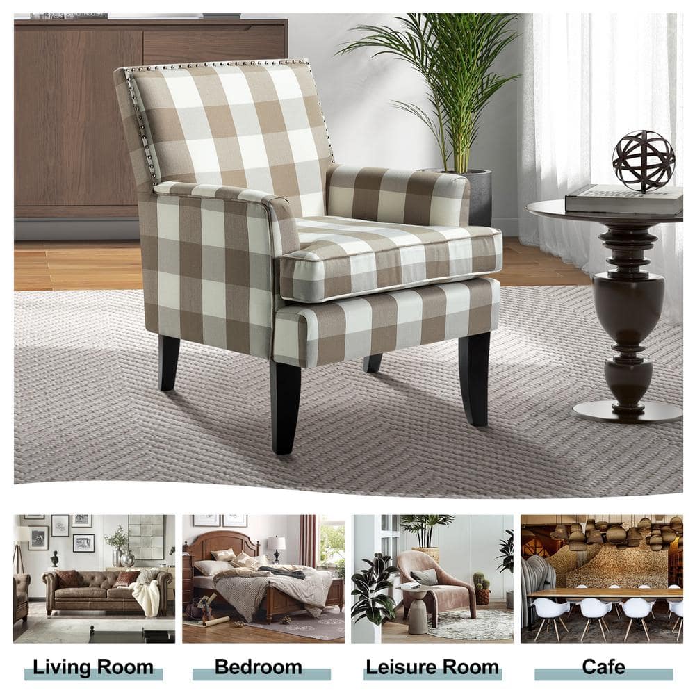 Plaid Beige Upholstered Accent Chair with Nailhead Trim