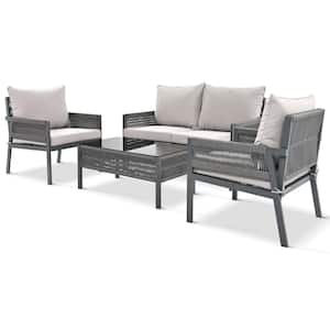 4-Piece Black Rope Patio Conversation Set with Gray Cushions and Tempered Glass Table for Garden, Backyard and Pond