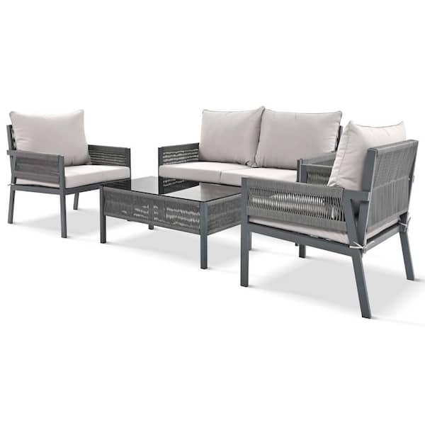 Zeus & Ruta 4-Piece Black Rope Patio Conversation Set with Gray Cushions and Tempered Glass Table for Garden, Backyard and Pond