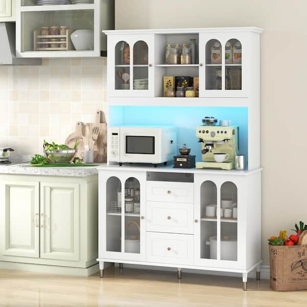 73 in. White Kitchen Pantry Storage Cabinet Freestanding Buffet Cabinet with LED Lights
