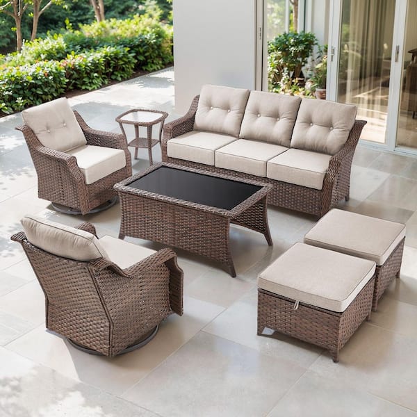 Artisan Brown 7-Piece Wicker Patio Conversation Set with Swivel Rockers, Sofa Seating Set with Olefin Beige Cushions