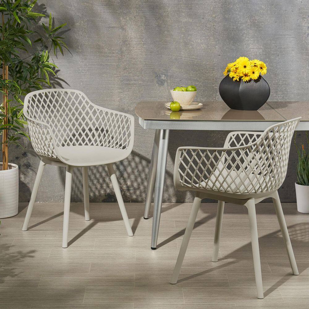 Noah Modern Camel Polypropylene Plastic Patio Outdoor Dining Chairs with Diamond Mesh Design, Set of 2 price history on PriceWatchPro
