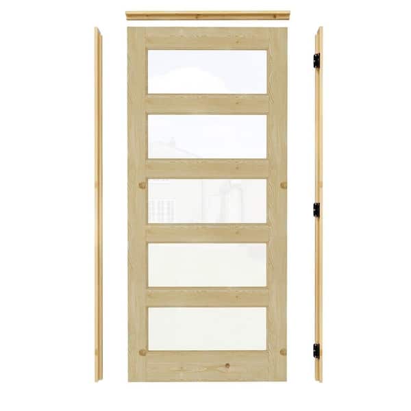 36 in. x 80 in. Right-Handed 5-Lite Clear Glass Unfinished Pine Wood Prehung Front Door with Quick Assemble Jamb