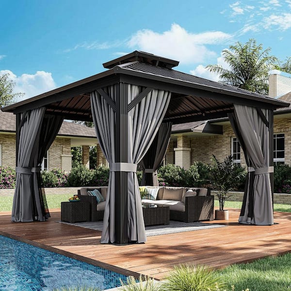 Sizzim 12 ft. x 12 ft. Galvanized Steel Double Roof Hardtop Gazebo with Aluminum Frame, Curtains and Netting for Patio