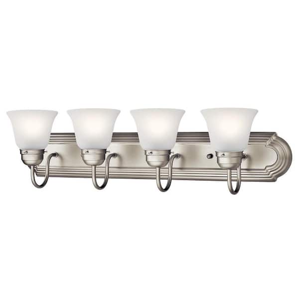 Independence 30 in. 4-Light Brushed Nickel Traditional Bathroom Vanity Light with Frosted Glass Shade