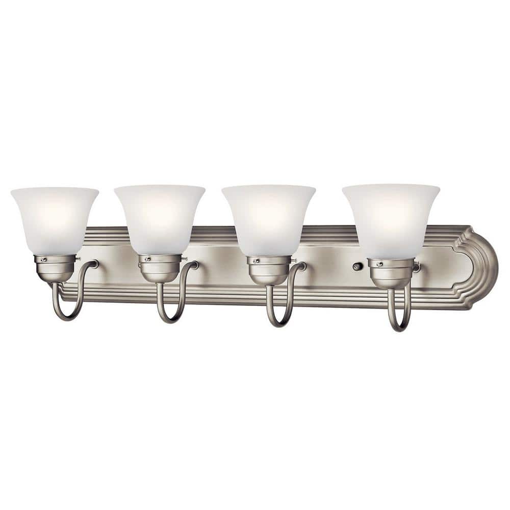 Brushed Nickel 30" 4-Light Vanity Light with White Bell Shades