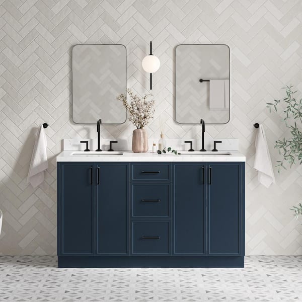 ARIEL Kelly 60 in. W x 22 in. D x 36 in. H Double Bath Vanity in Midnight Blue with Carrara White Quartz Top