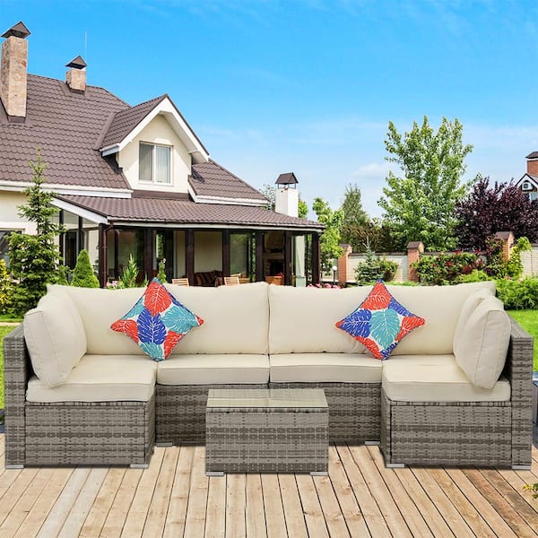 Cesicia Light Grey 7-Piece Wicker Patio Conversation Set with Beige Cushions