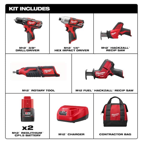M12 12V Li-Ion Cordless 4-Tool Combo Kit with (2) Compact 1.5Ah Batteries and Charger and HACKZALL Reciprocating Saw