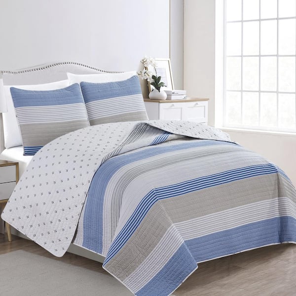 FRESHFOLDS Blue Reversible Striped Pattern Full/Queen Microfiber 3-Piece Quilt Set Bedspread