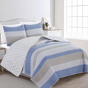 Blue Reversible Striped Pattern Full/Queen Microfiber 3-Piece Quilt Set Bedspread