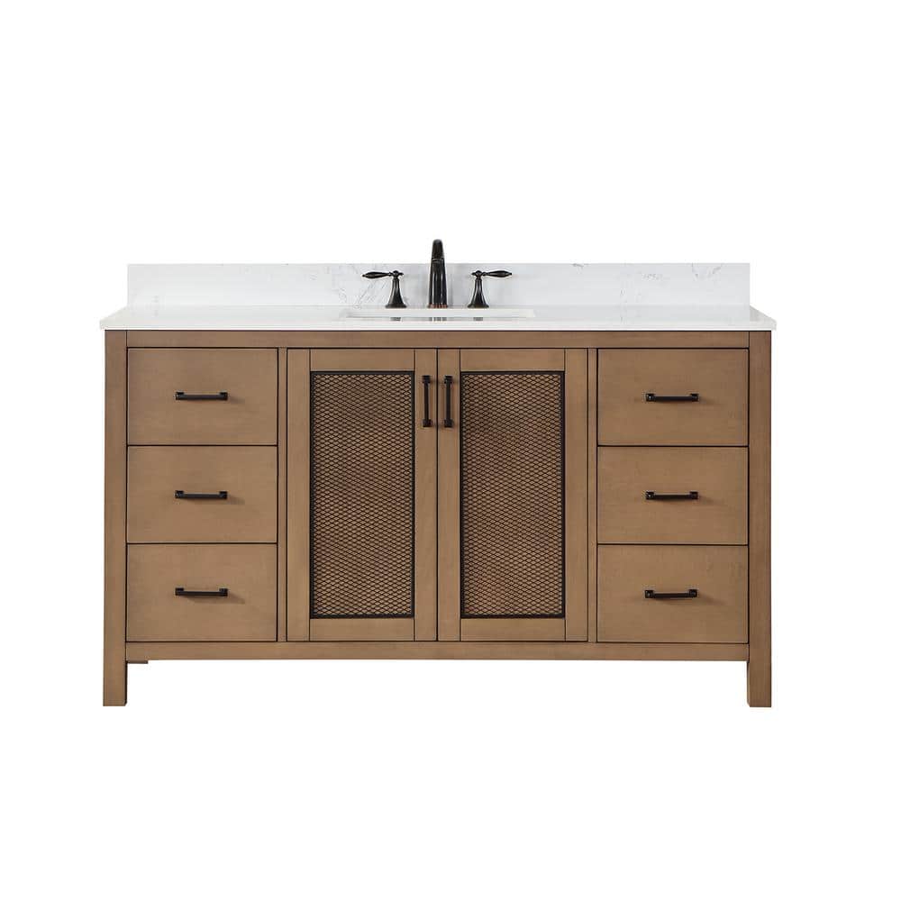 Hadiya 60" Brown Pine Vanity with White Composite Stone Countertop