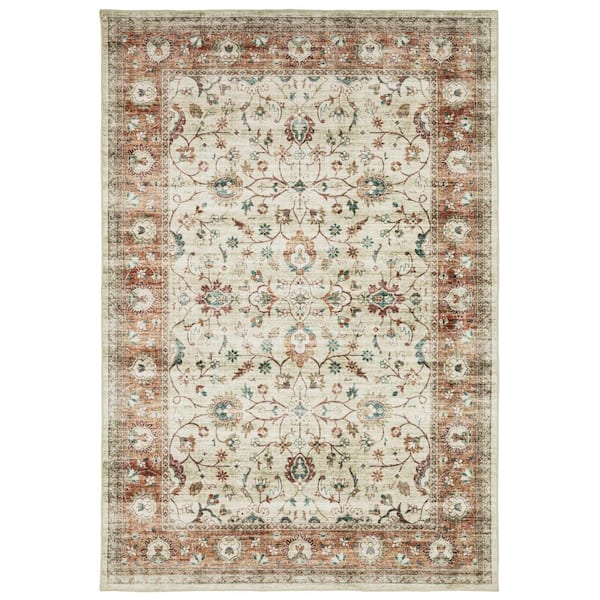 Summit Ivory/Rust 8 ft. x 10 ft. Traditional Oriental Border Polyester Machine Washable Indoor Area Rug
