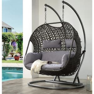 52 in. 2 Person Brown Wicker Patio Swing with Gray Cushion