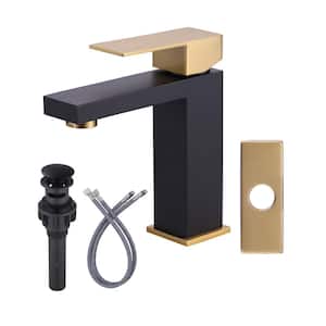 Single-Handle Single-Hole Bathroom Faucet with Deck plate Included in Black and Gold