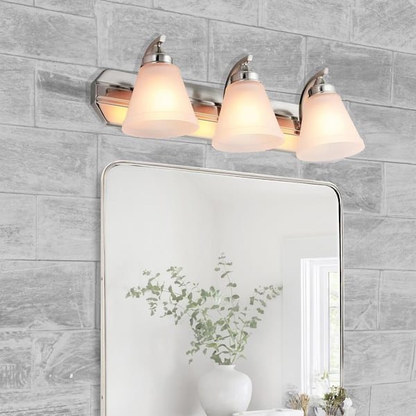 24 in. 3-Light Brushed Nickel Bath Vanity Light Fixture with Bell Shape Frosted Glass Shade