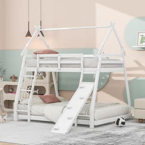 White Twin over Queen Wood House Bunk Bed with Climbing Nets and Climbing Ramp