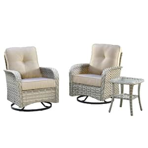 Beverly Gray 3-Piece Wicker Outdoor Patio Conversation Swivel Rocking Chair Seating Set with Beige Cushions