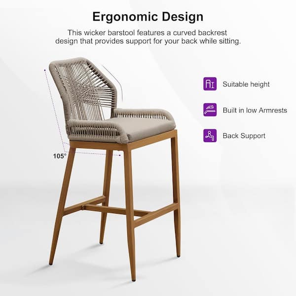 Modern Aluminum Rectangle Bar Height Top Table and Wicker Outdoor Bar Stool Set with Taupe Cushions, 3-pack