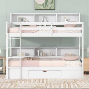 White Wood Twin Over Twin Bunk Bed with Storage Drawer and Six Compartments