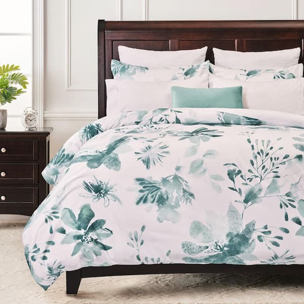 CHANASYA Chanasya 3-Piece Abstract Watercolor Garden Print Microfiber Duvet Cover Set, Queen