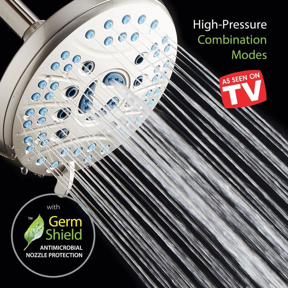 6-Setting Nickel Rainfall Shower Head with Anti-Clog Nozzles