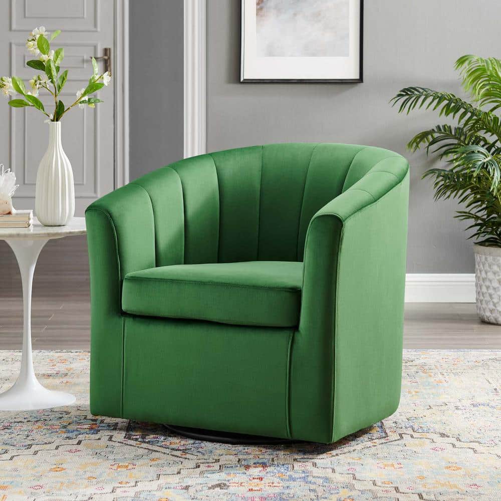 Emerald Velvet Barrel Swivel Accent Chair with Wood Base