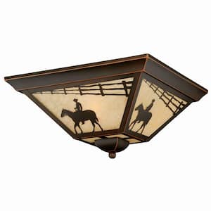 Trail Bronze Rustic Horse Cowboy Square Outdoor Flush Mount 3-Light Ceiling Light