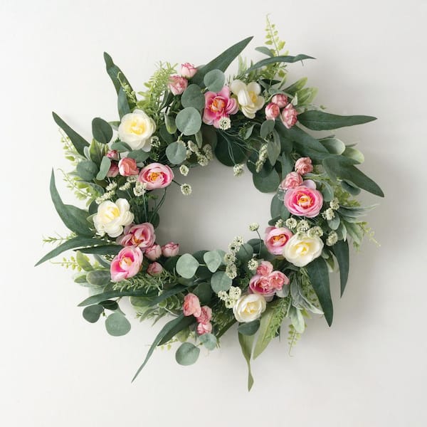 SULLIVANS 24 in. Artificial Ranunculus Mini Blossom Wreath, Pink