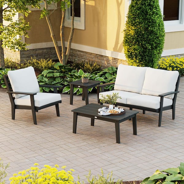 Grant Park Black Plastic Outdoor Patio 4-Piece Deep Seating Set with Natural Linen Cushions