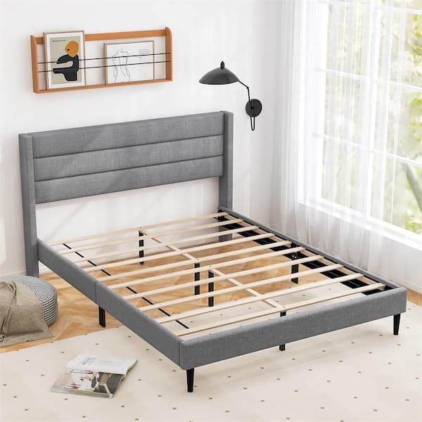 Gray Solid Wood Frame Queen Size Linen Upholstered Platform Bed with Wingback Headboard
