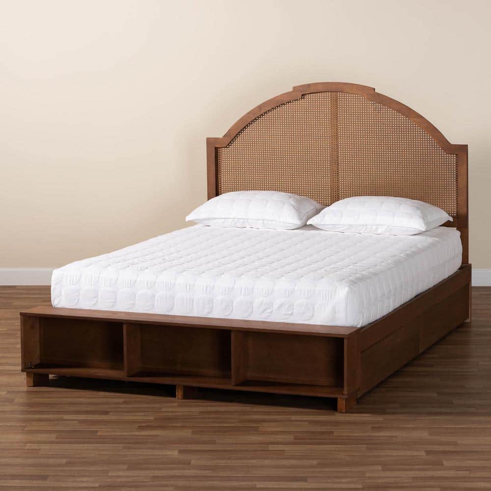Walnut Brown Queen Bed with Rattan Headboard and Storage Drawers