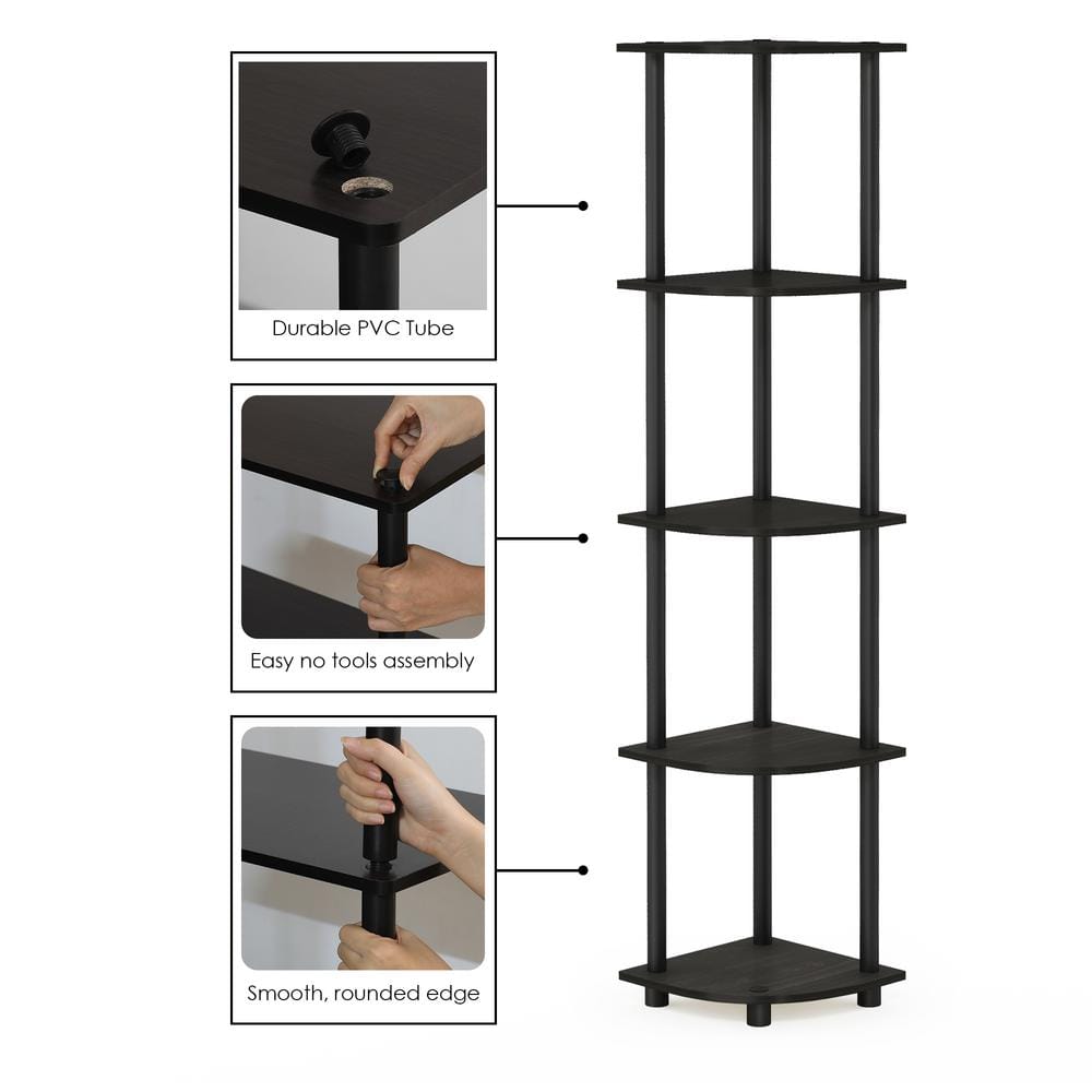 Espresso/Black 5-Tier Corner Floor Mount Water Resistant Shelf