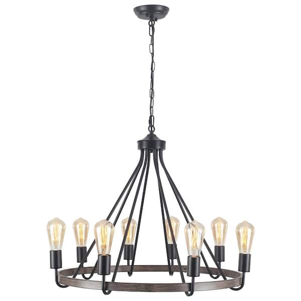 8-Light Black and Imitation Wood Grain Traditional Chandelier Wagon Wheel Chandelier for Kitchen Island