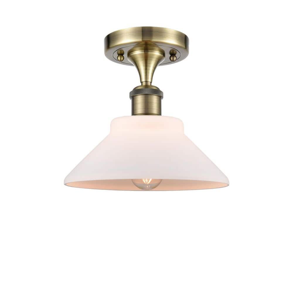 Orwell 8.38 in. 1-Light Antique Brass Industrial Semi-Flush Mount with Frosted Glass Shade price history on PriceWatchPro