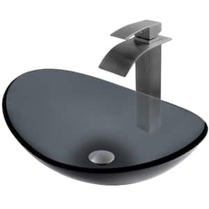 Bigio 21.5 in. Slipper Vessel Bathroom Sink in Gray Glass with Faucet and Drain in Gunmetal