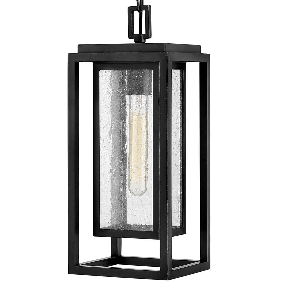 Sleek Transitional Black Seedy Glass Outdoor Pendant
