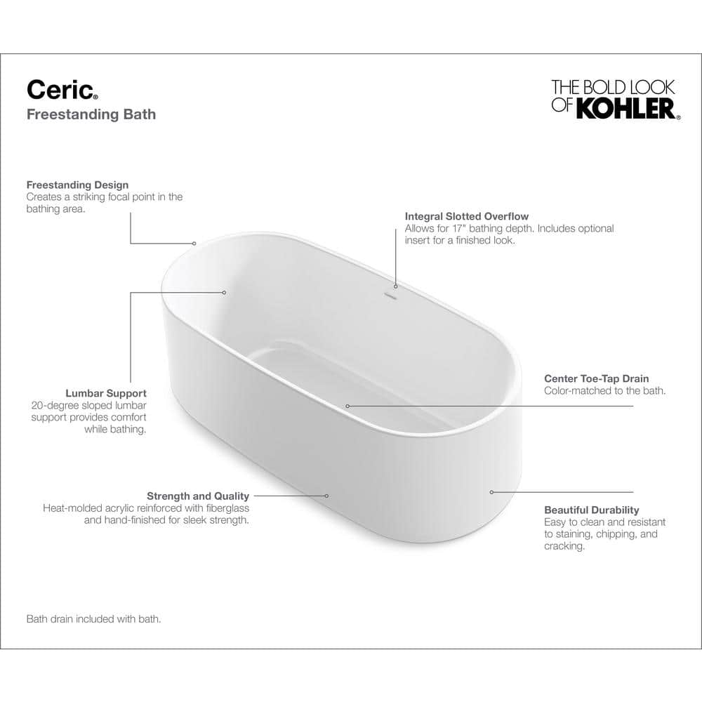 Ceric 65-Inch White Acrylic Freestanding Oval Soaking Tub